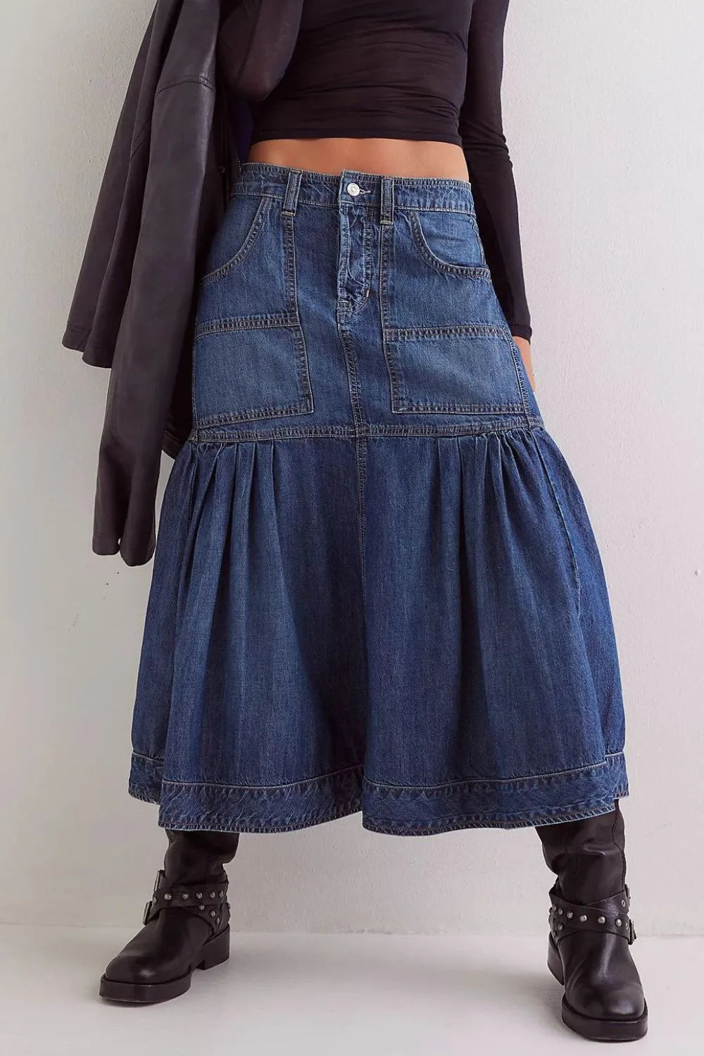 Tiered Pleated Denim Midi Skirt