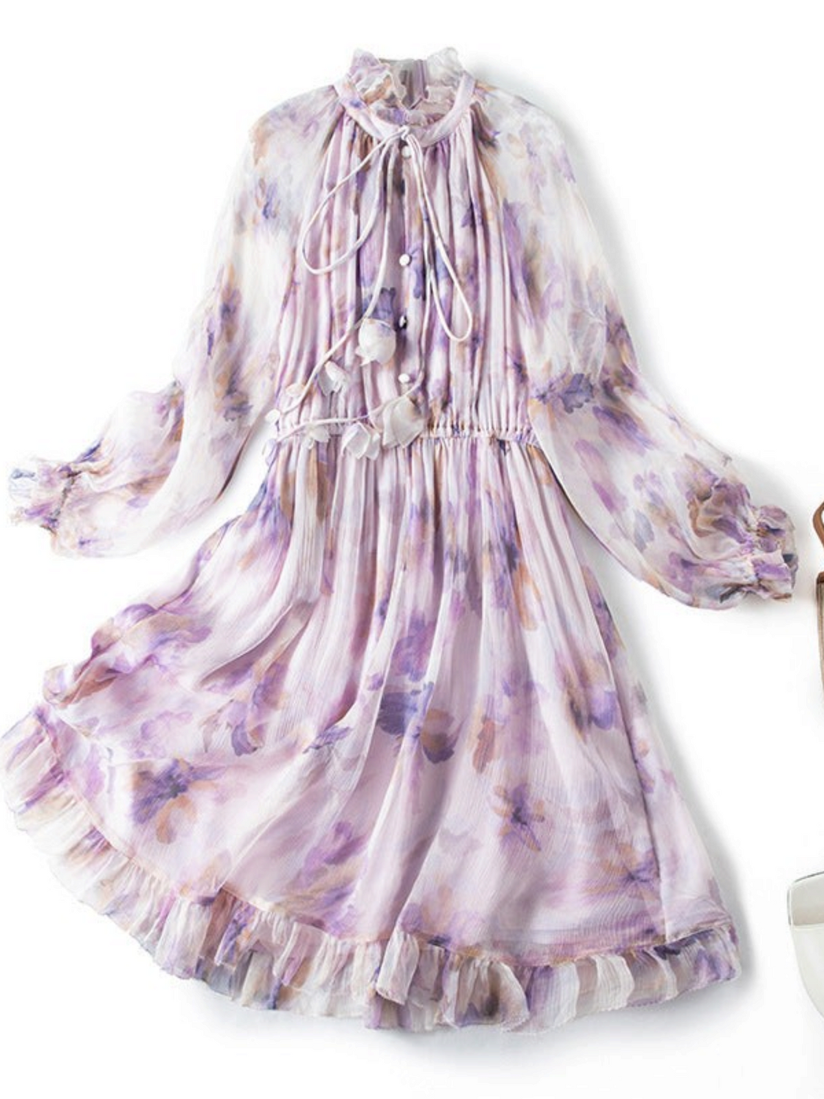 Catherine Martin lilac floral silk chiffon dress with ruffle collar, tie neck, and billowy sleeves.