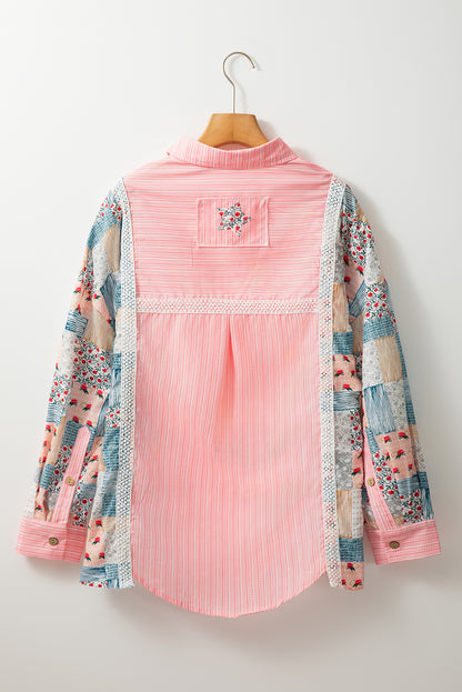 Full back view of a stylish pink floral patchwork long sleeve shirt on a hanger.