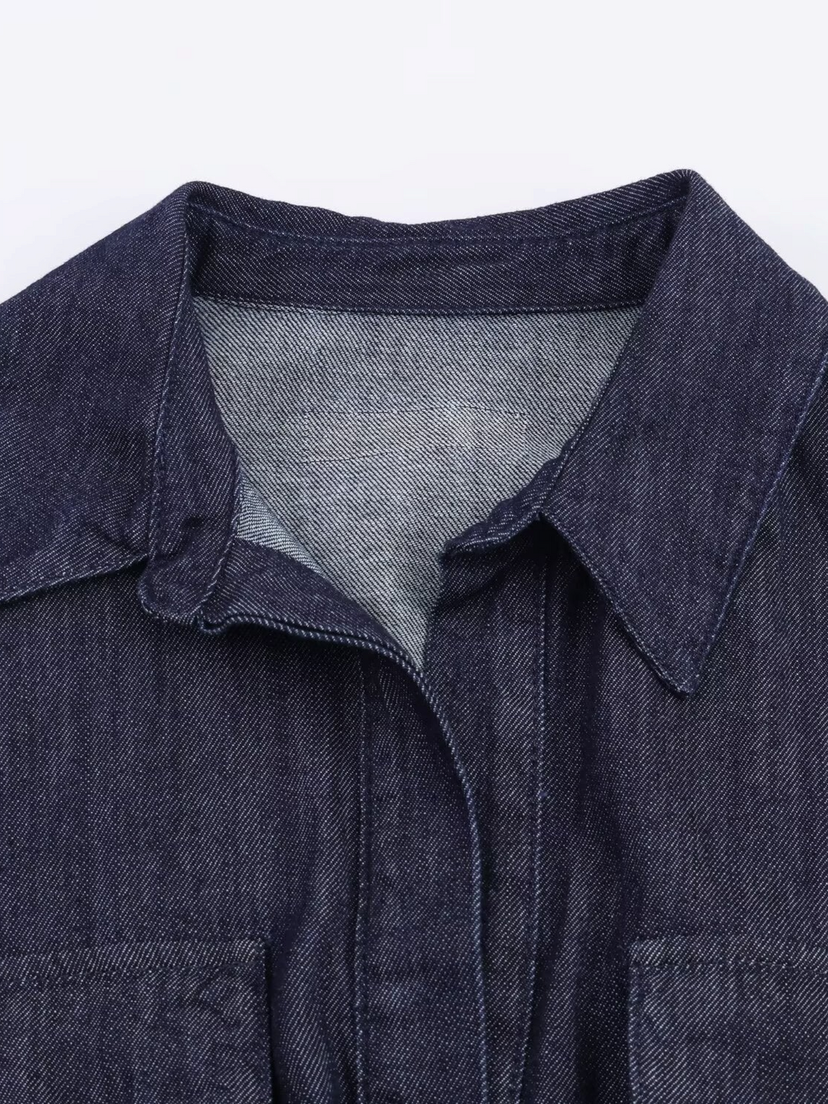 Catherine Martin dark indigo denim shirt dress featuring a classic collar and concealed placket detail