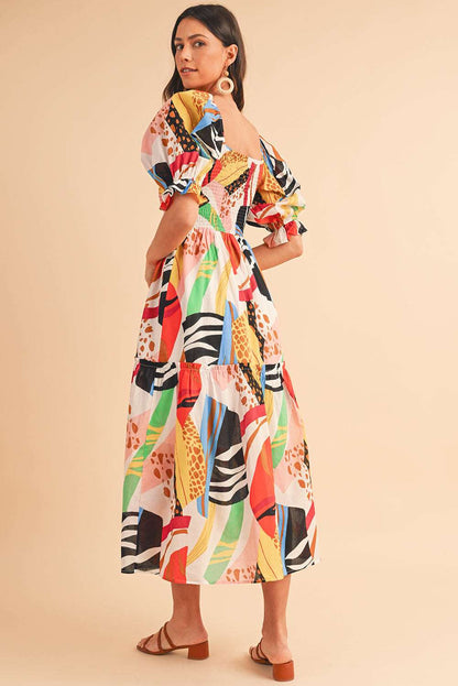 Abstract Print Smocked Dress