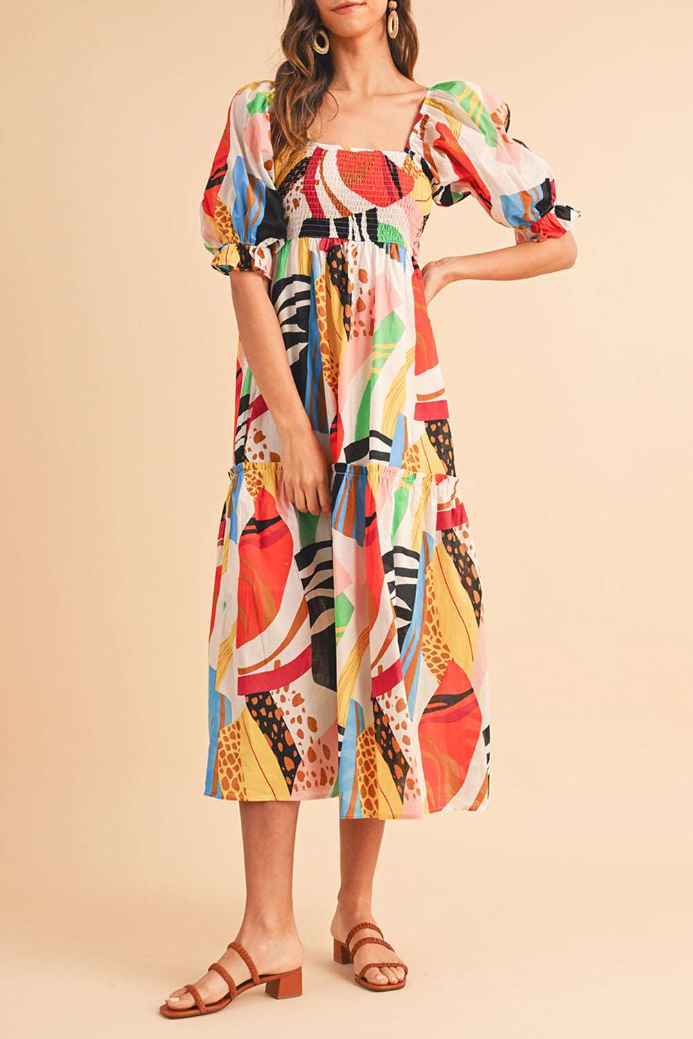 Abstract Print Smocked Dress