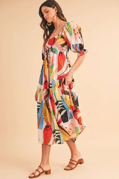 Abstract Print Smocked Dress