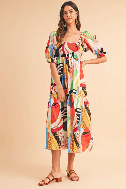 Abstract Print Smocked Dress