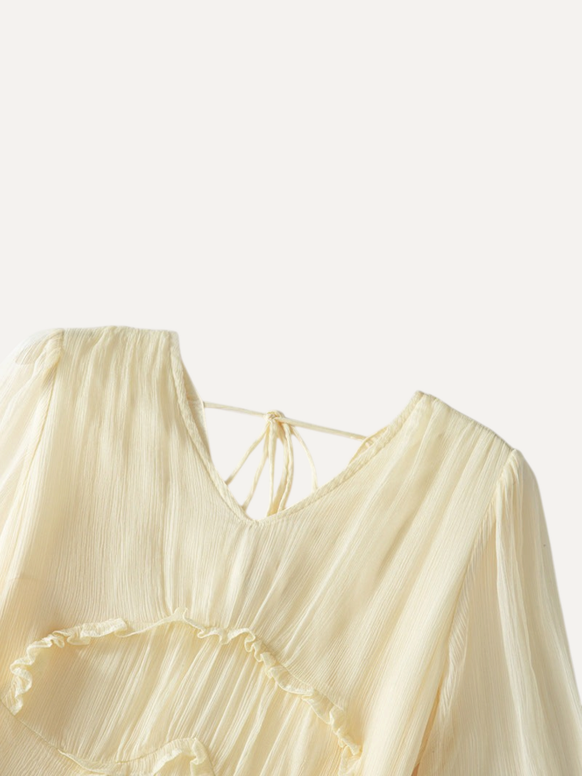 Catherine Martin light yellow mulberry silk maxi dress featuring a V-neck, gathered bodice, and delicate ruffle trim.