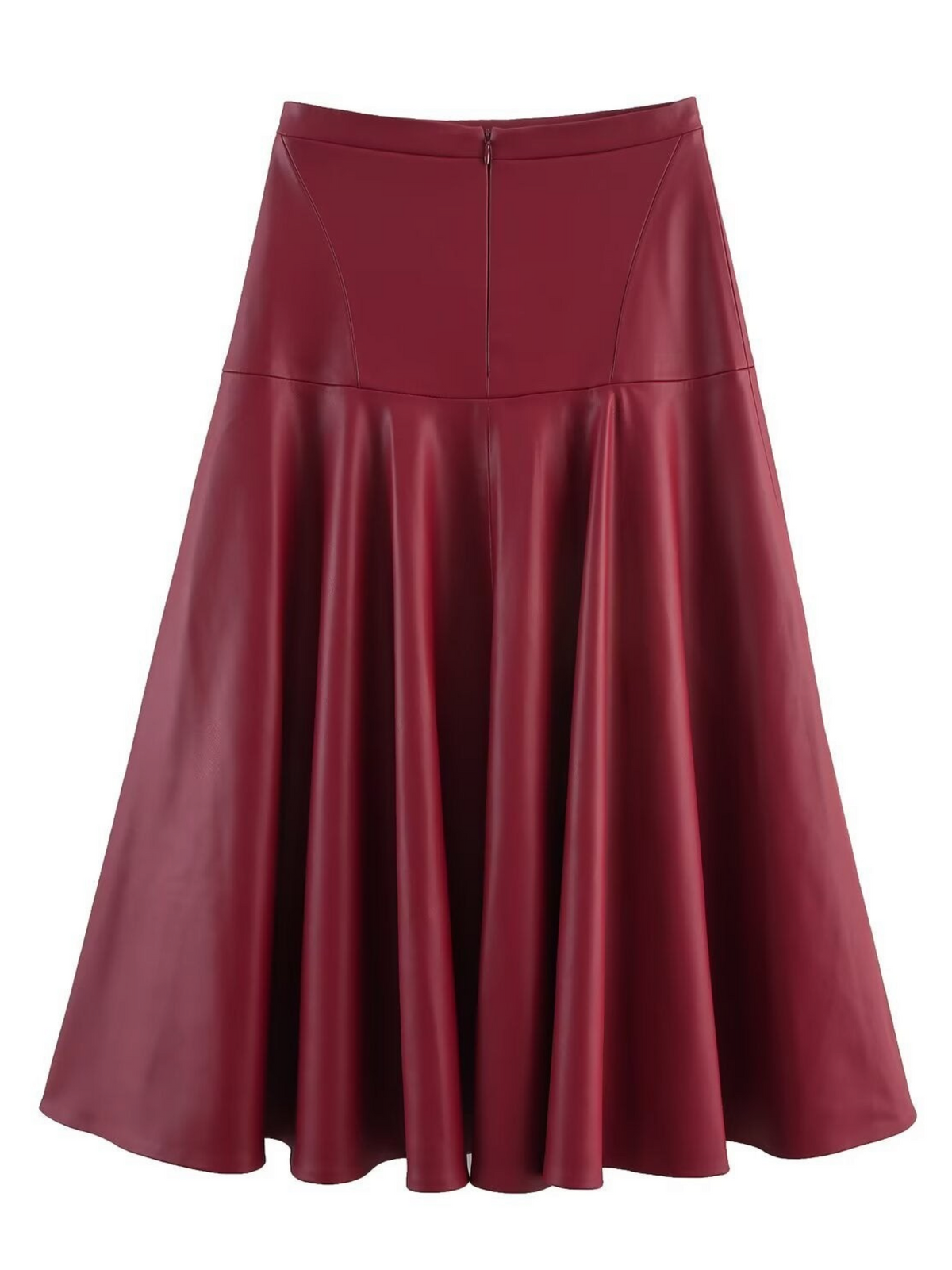 Catherine Martin burgundy faux leather midi skirt with a high waist, curved yoke, and flared A-line silhouette.