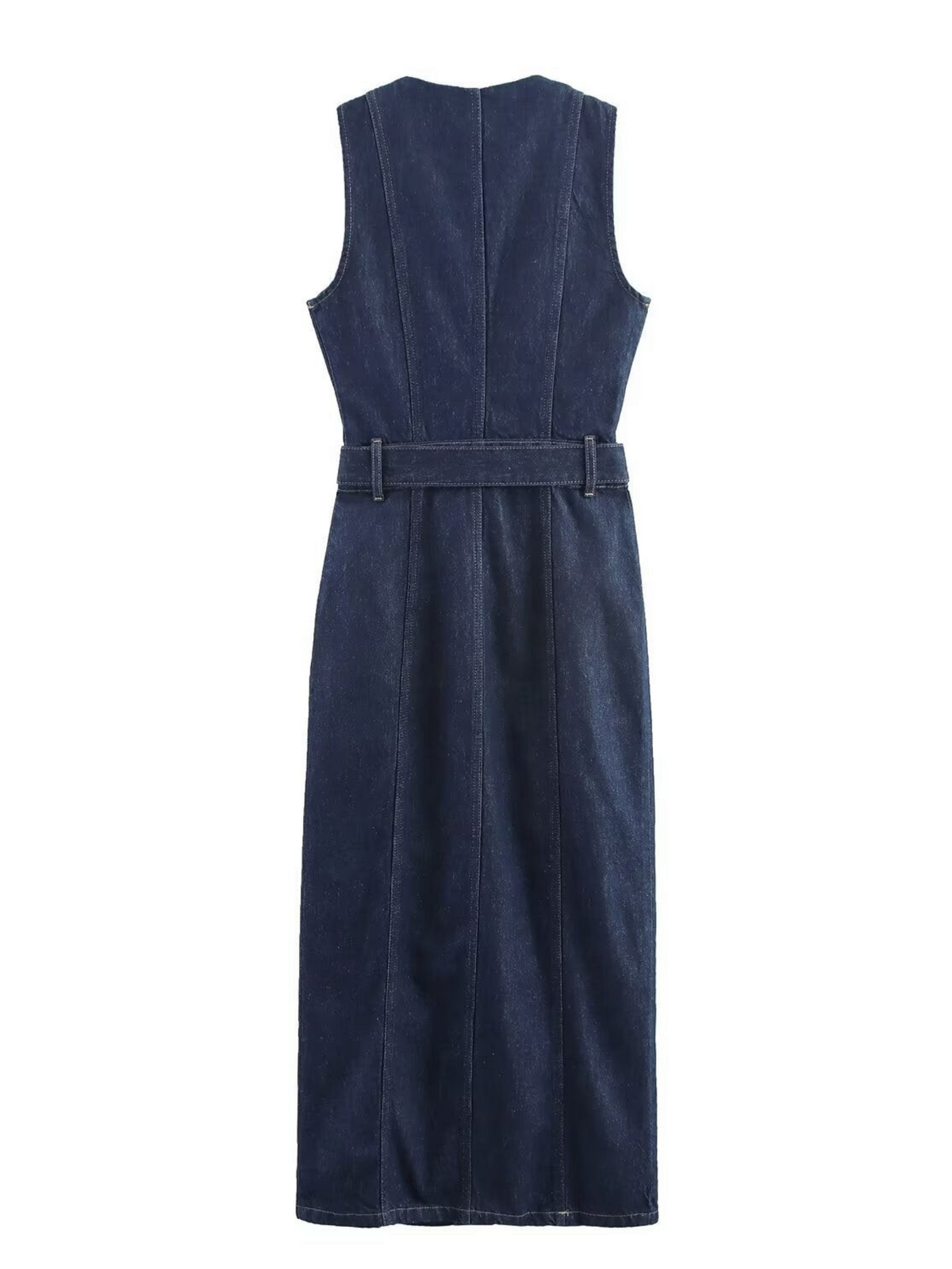 Back view of a Catherine Martin dark indigo sleeveless denim maxi dress with a belted waist and vertical seaming.