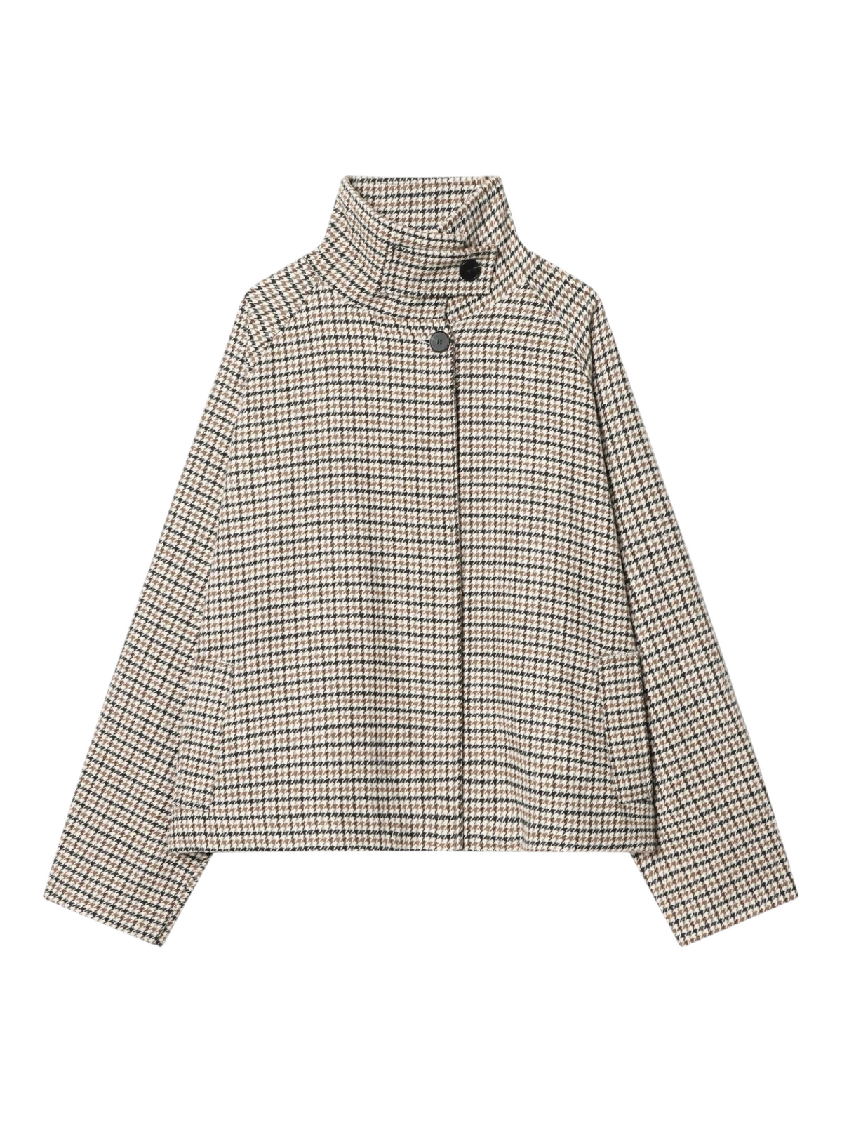 Catherine Martin cropped houndstooth jacket in cream, tan, and black faux wool with a stand collar and raglan sleeves.
