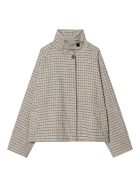 Catherine Martin cropped houndstooth jacket in cream, tan, and black faux wool with a stand collar and raglan sleeves.