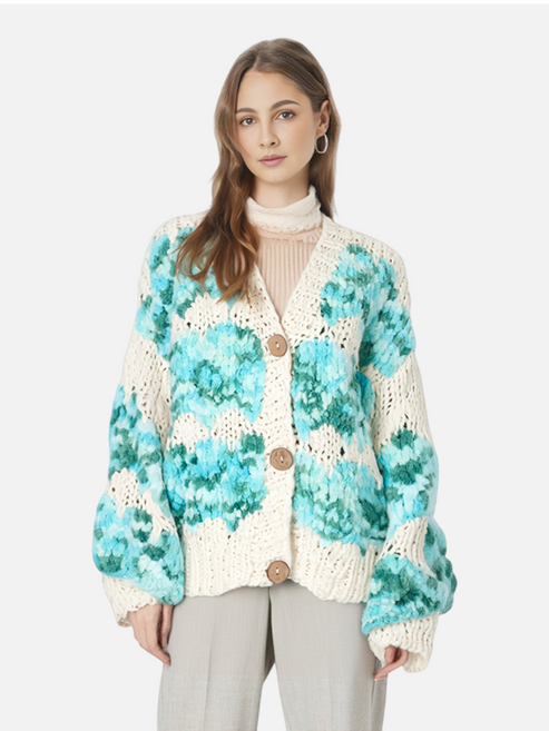 Catherine Martin oversized wool knit cardigan with mint and teal scallop pattern on a cream base, button-front design.