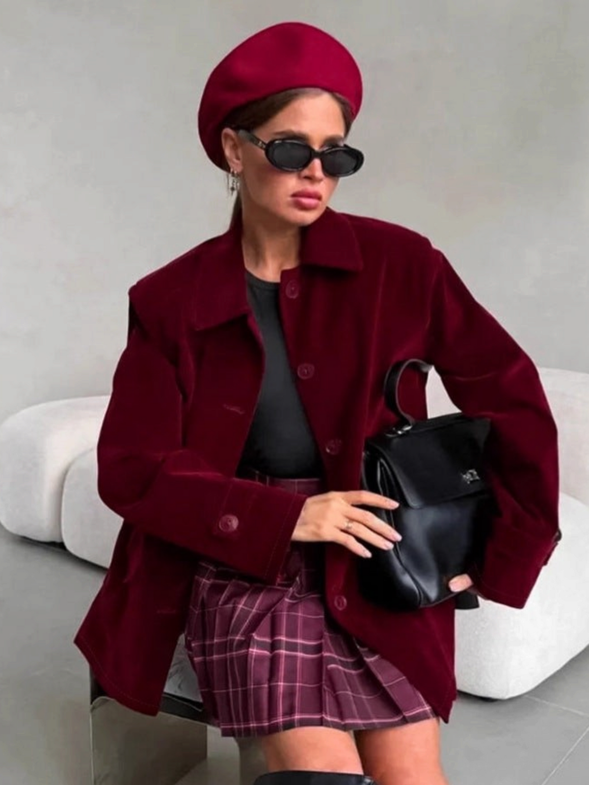 Catherine Martin burgundy oversized velvet jacket with button closure and flap pockets worn with a matching beret