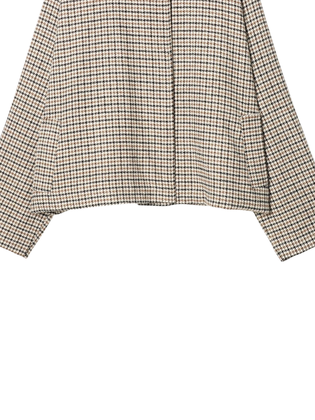 Catherine Martin cropped jacket in a cream, tan, and black houndstooth faux wool fabric with a clean front design.