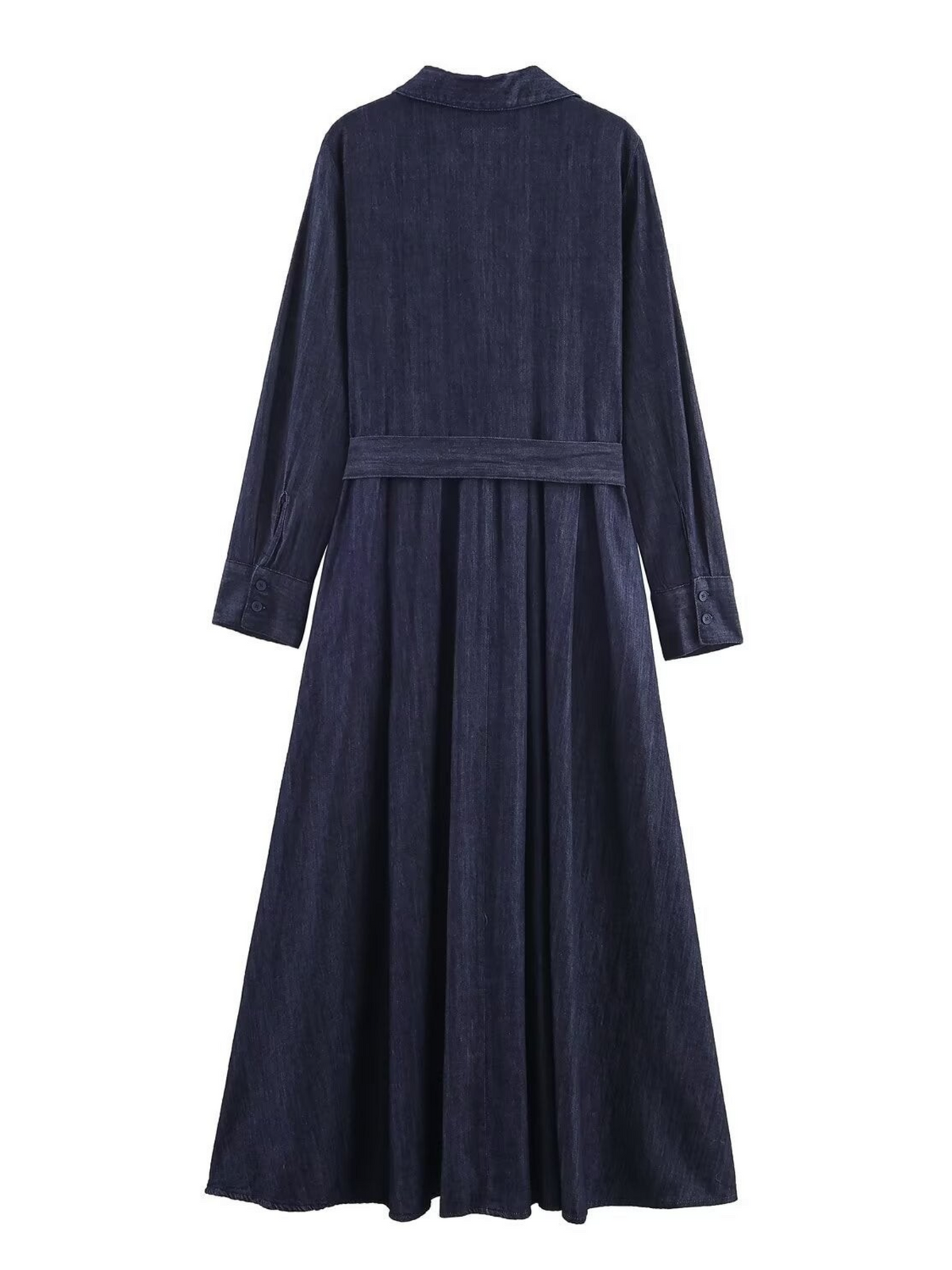 Catherine Martin dark indigo denim shirt dress with a belted waist, long sleeves, and a flowing A-line maxi skirt.