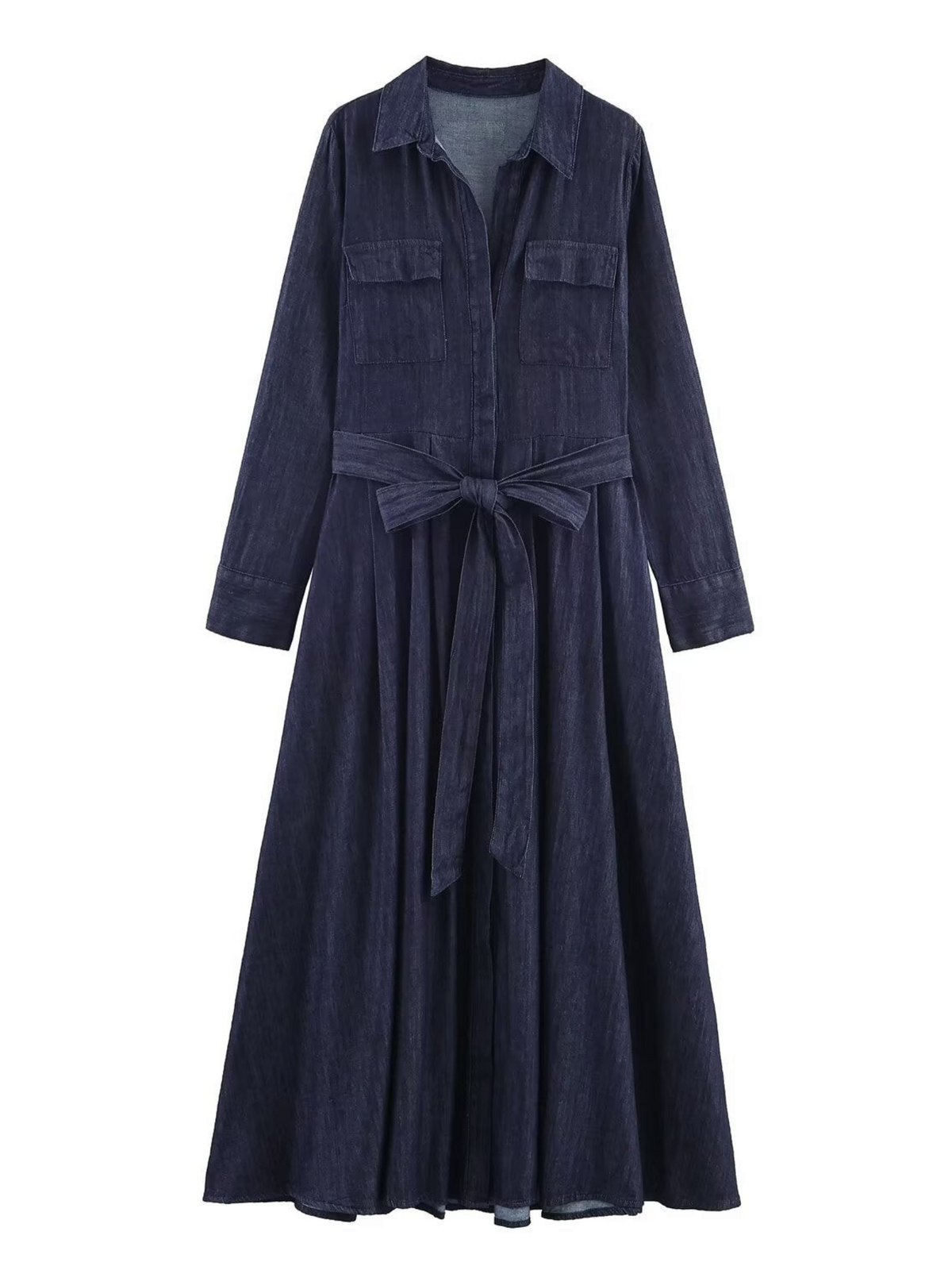 Catherine Martin dark indigo denim shirt dress with a collared neckline, chest pockets, and a self-tie waist belt.