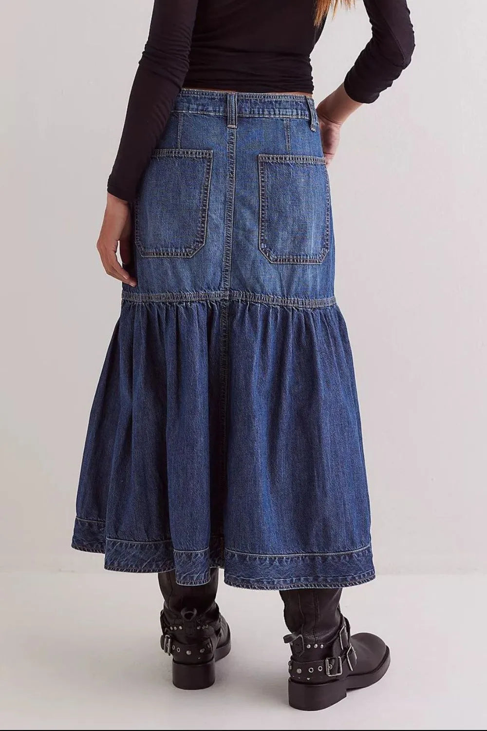 Tiered Pleated Denim Midi Skirt