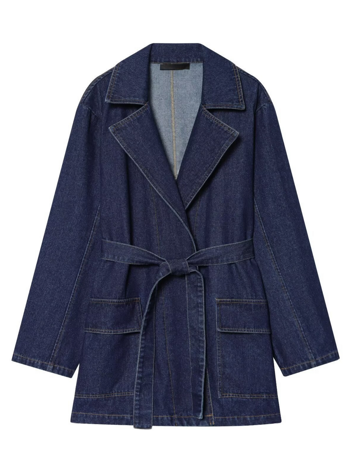 Catherine Martin dark blue denim coat with a waist tie, wide lapels, and front pockets in a mid-length design.