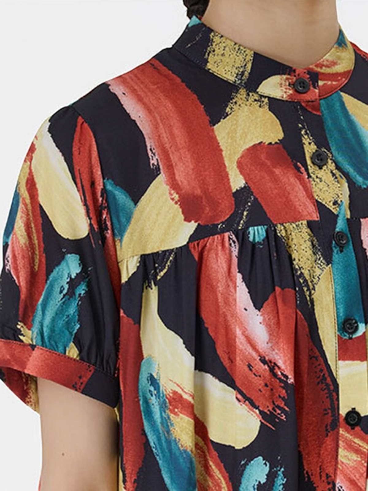 Catherine Martin midi dress featuring a multicolour abstract brushstroke print, stand collar, and button-up front.