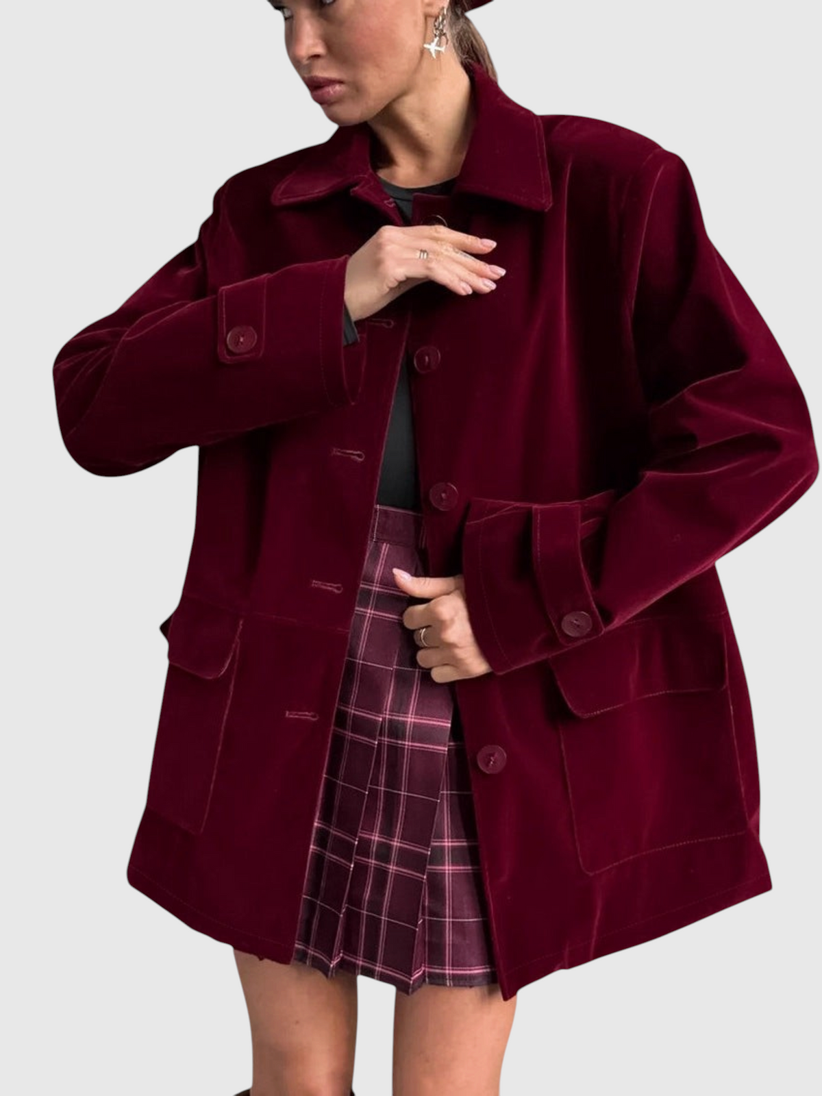 Catherine Martin burgundy velvet jacket with an oversized fit, spread collar, button closure, and front flap pockets.