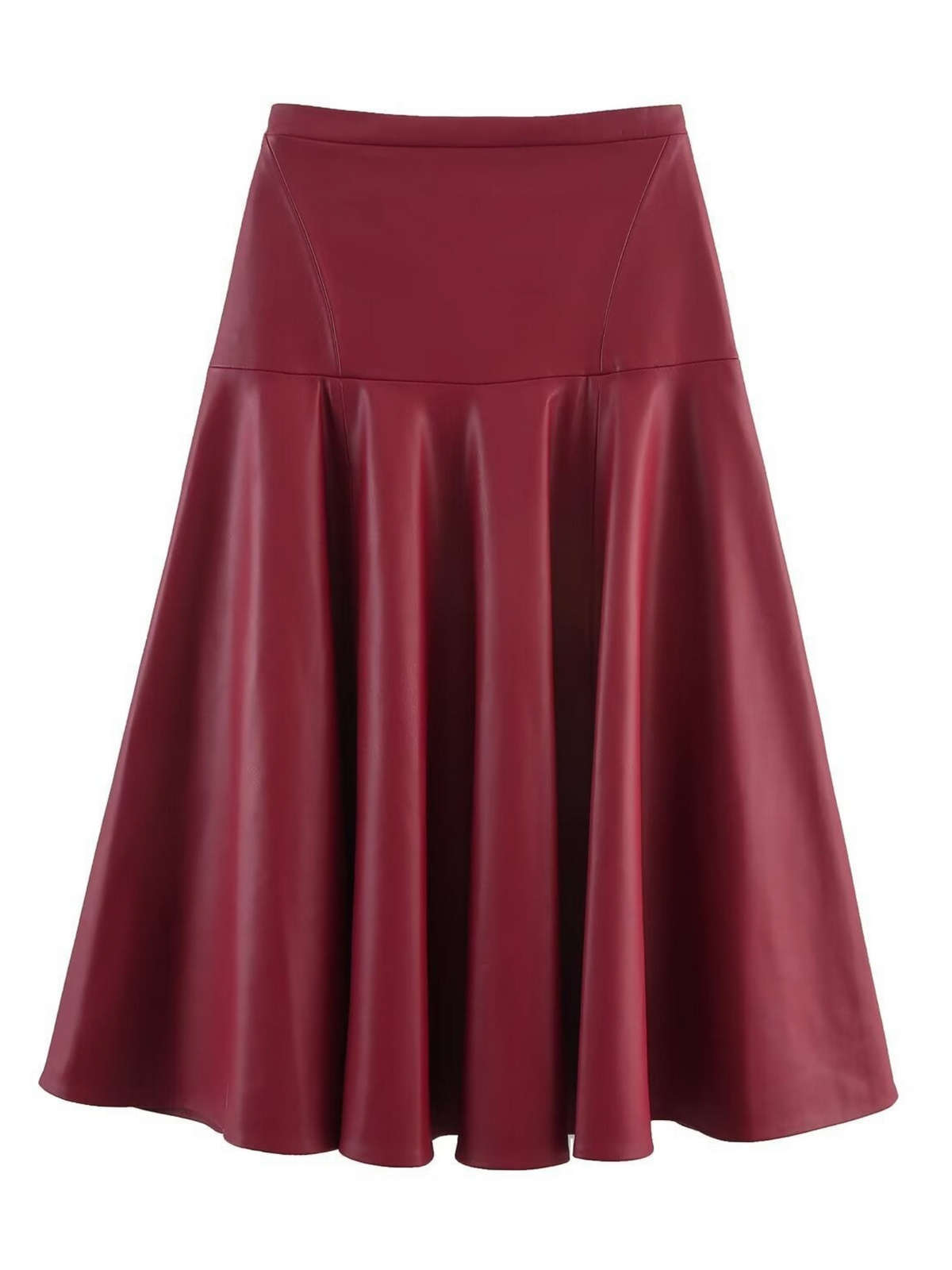 Catherine Martin burgundy midi skirt in faux leather with a high waist, curved yoke, and flared A-line silhouette.