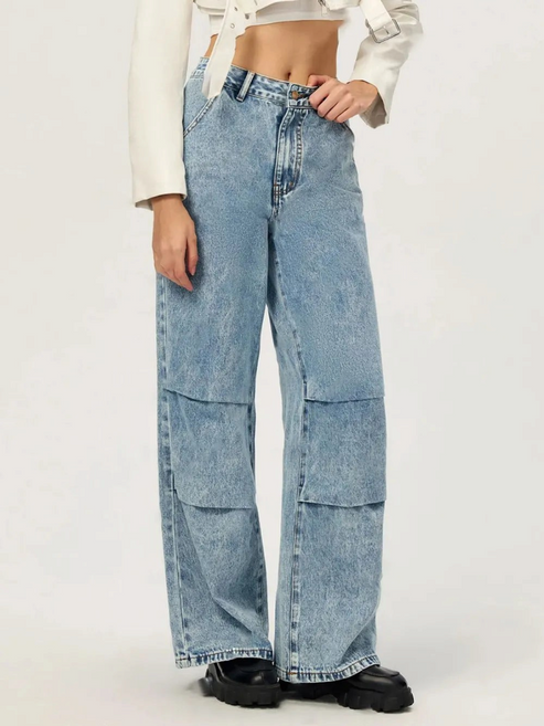Catherine Martin wide leg cargo jeans in acid wash denim with pleated knee panels and a high-waisted fit