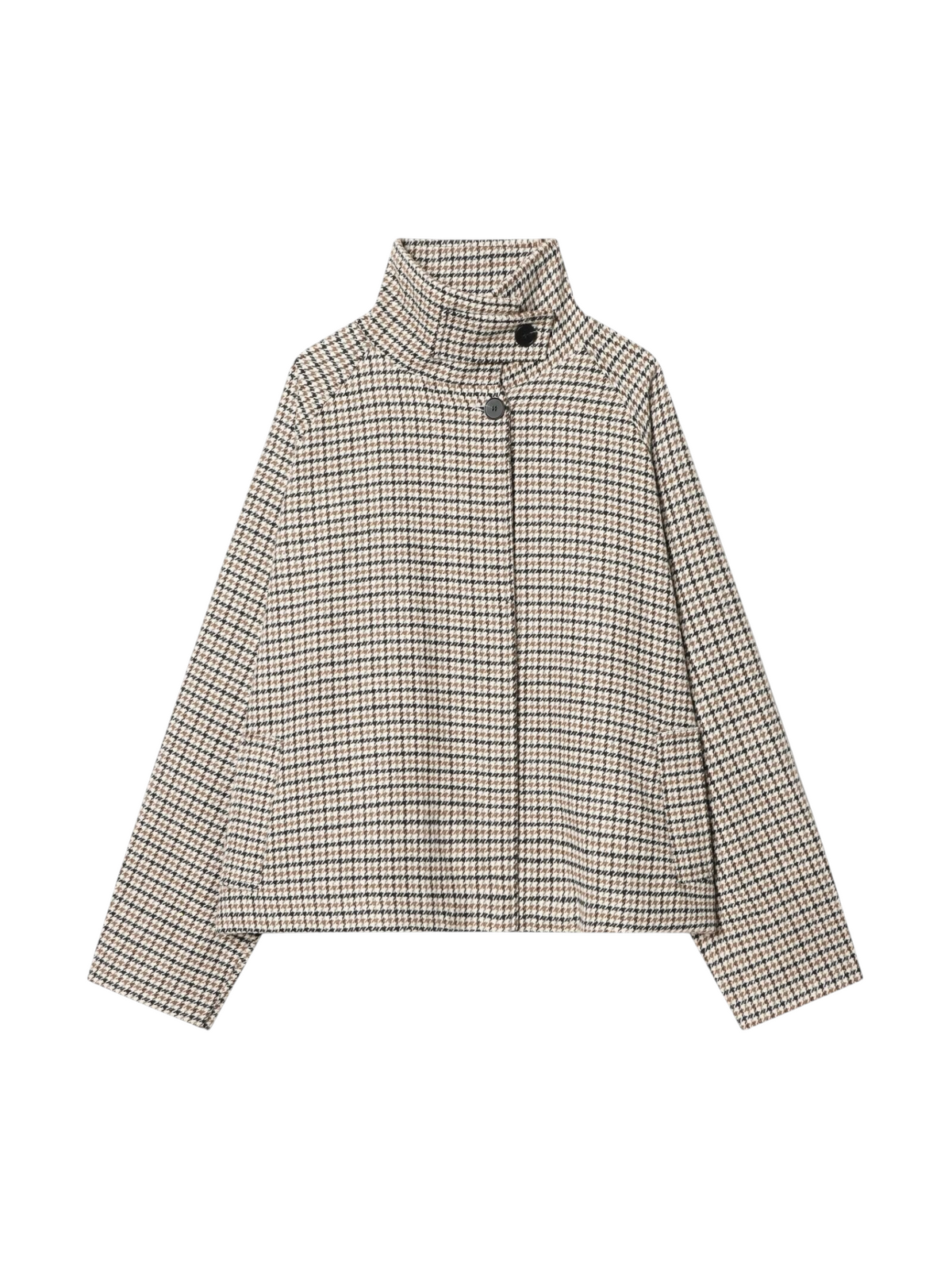 Catherine Martin cropped jacket in cream, tan, and black houndstooth faux wool with a stand collar and raglan sleeves.