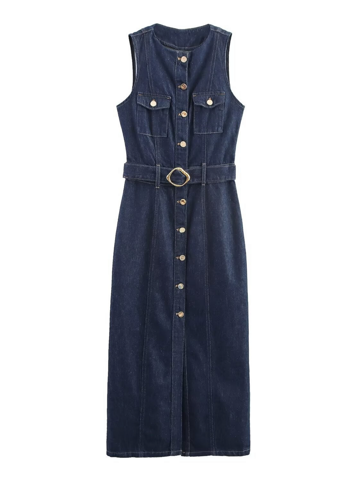 Catherine Martin sleeveless dark indigo denim maxi dress with gold buttons, chest pockets, and a belted waist.