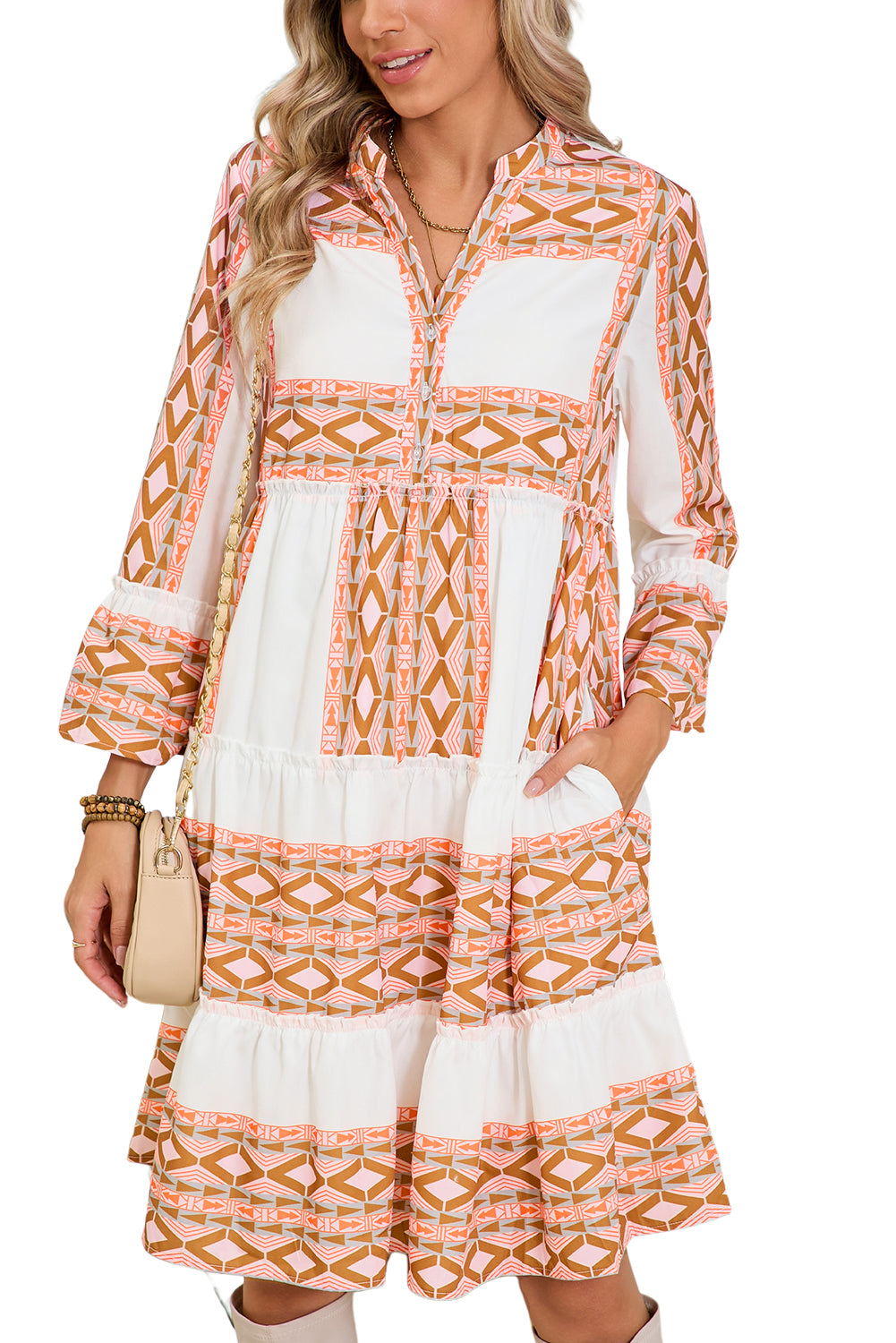 Orange abstract print boho dress with long sleeves from Catherine Martin store, Australia.