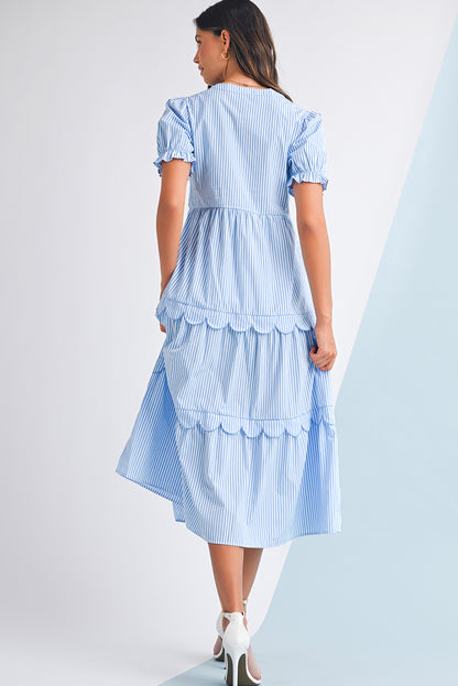 Striped Tiered Maxi Dress For Ladies. Back view.