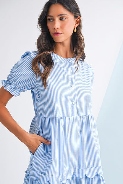 Striped Tiered Maxi Dress For Ladies. Half front view.