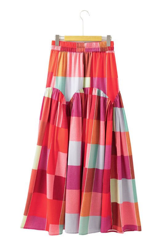 Front view of a red plaid maxi skirt from Catherine Martin Store, Australia – stylish and versatile for any wardrobe.