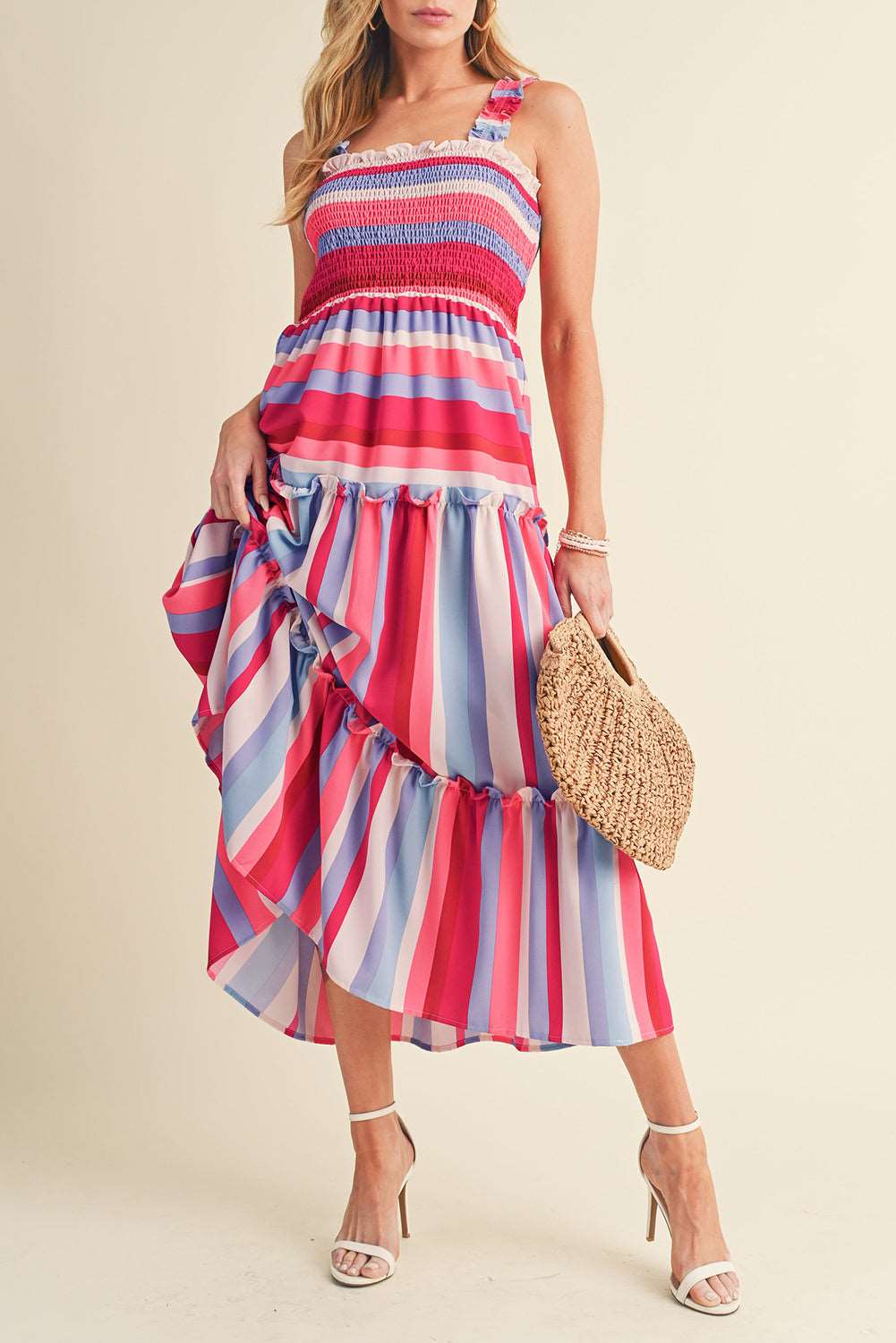 Red Stripe Ruffled Straps Dress