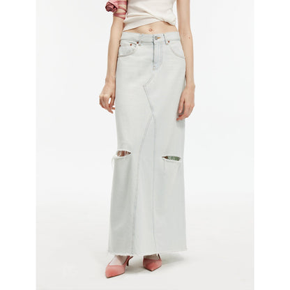 Firelady Fur Wash-faded Distressed Hole Denim A-line Skirt-4