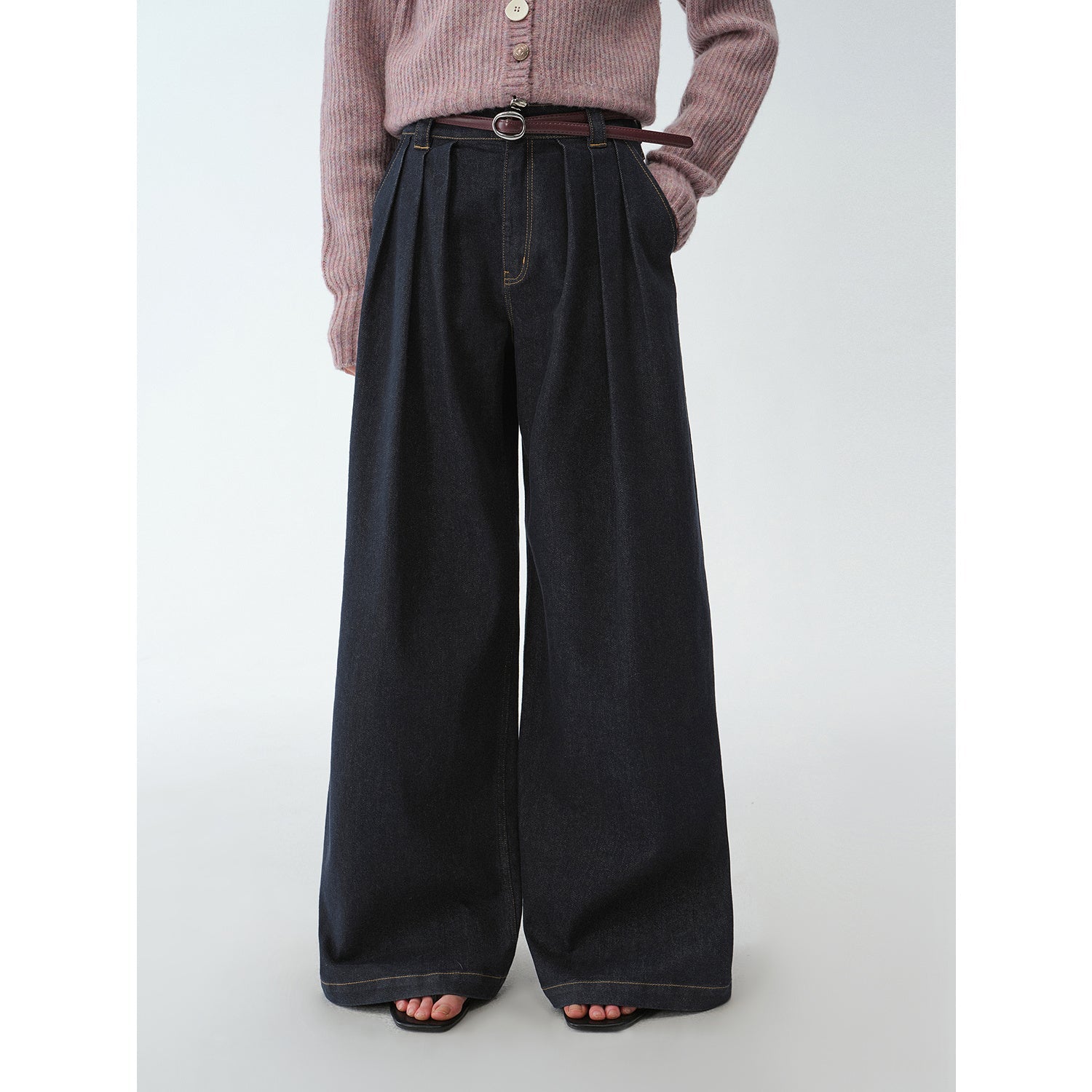 Firelady Fur Vintage Handmade Pleated Wide-Leg Stretch Jeans-1