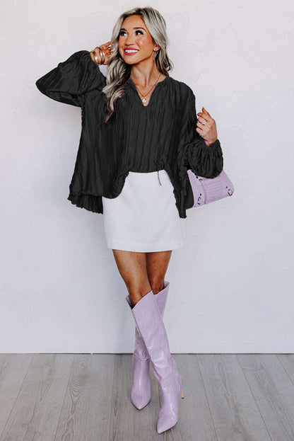 Black V Neck Blouse Bubble Sleeve - Catherine Martin