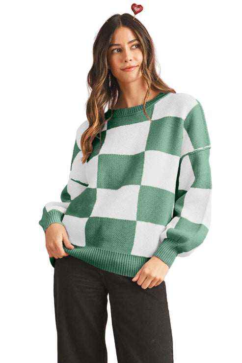 Women's Casual Check Knitted Jumper - Green. Front view.