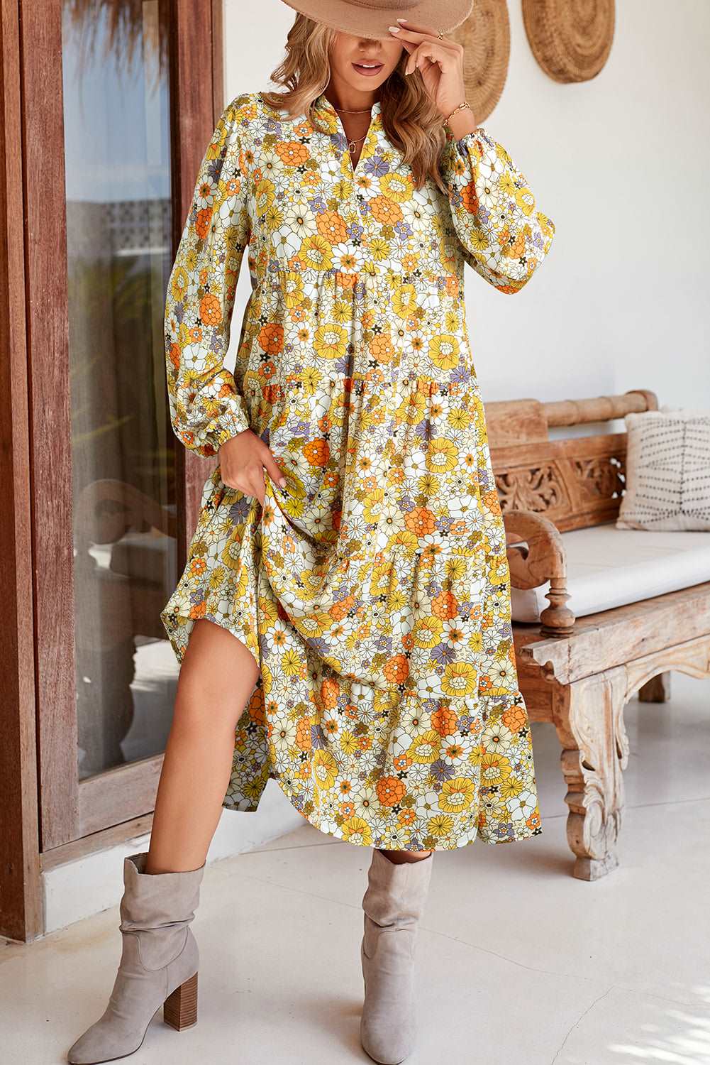 Multicolor Boho Floral Collared Long Sleeve Dress - Catherine Martin