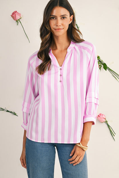 Pink and White Striped V-Neck Raglan Sleeve Blouse