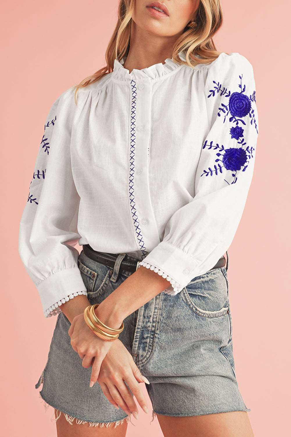 white embroidered cotton blouse long sleeves