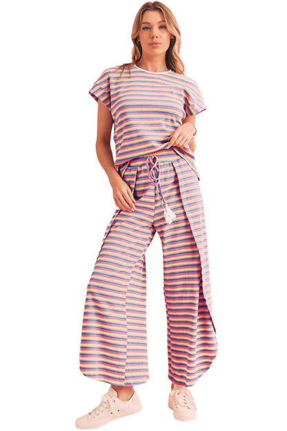 Model wearing Sunset Stripes Two-Piece Set – vibrant and breezy summer outfit
