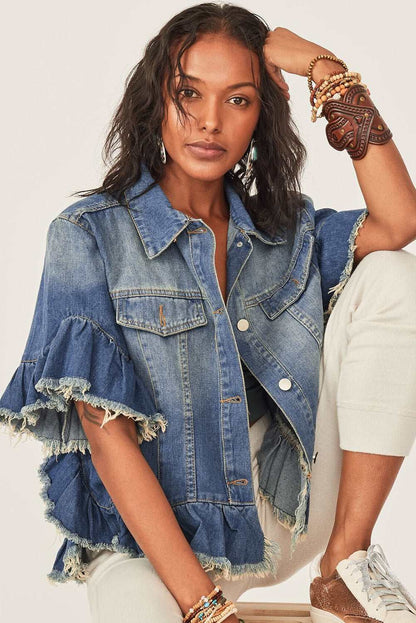 Black Denim Jacket Ruffle Sleeve - Catherine Martin