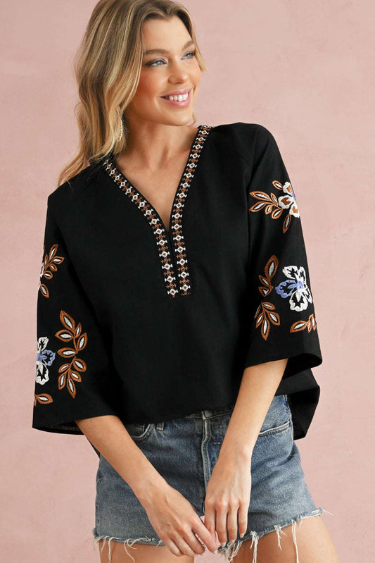 Embroidered Floral Black Blouse - Catherine Martin