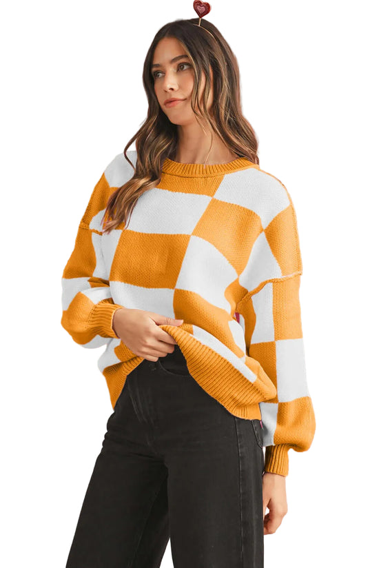 Women's Casual Check Knitted Jumper - Orange. Side view.