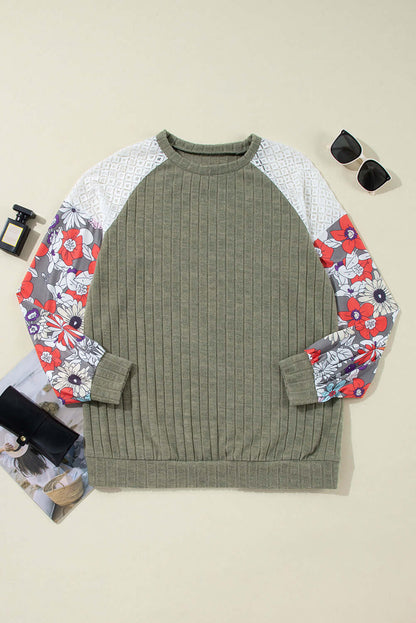 Floral Sleeve Waffle Knit Pullover - Catherine Martin