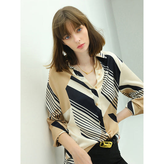 Abstract Geometric Print Silk Khaki Shirt-0