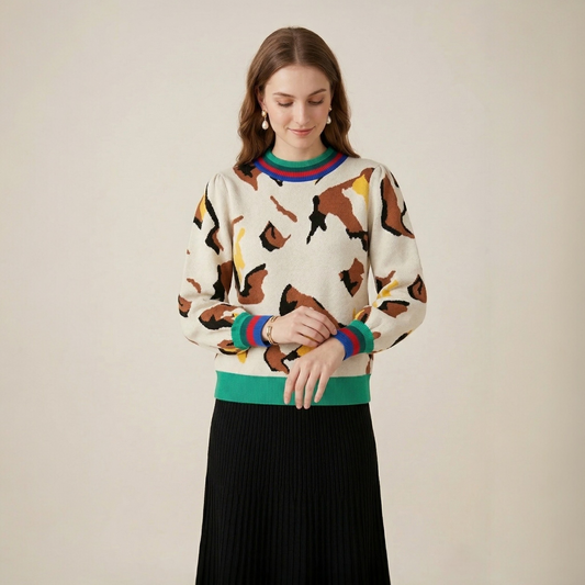 Abstract print stripe trim knit sweater front view showing puff sleeves and multicolour striped cuff detail
