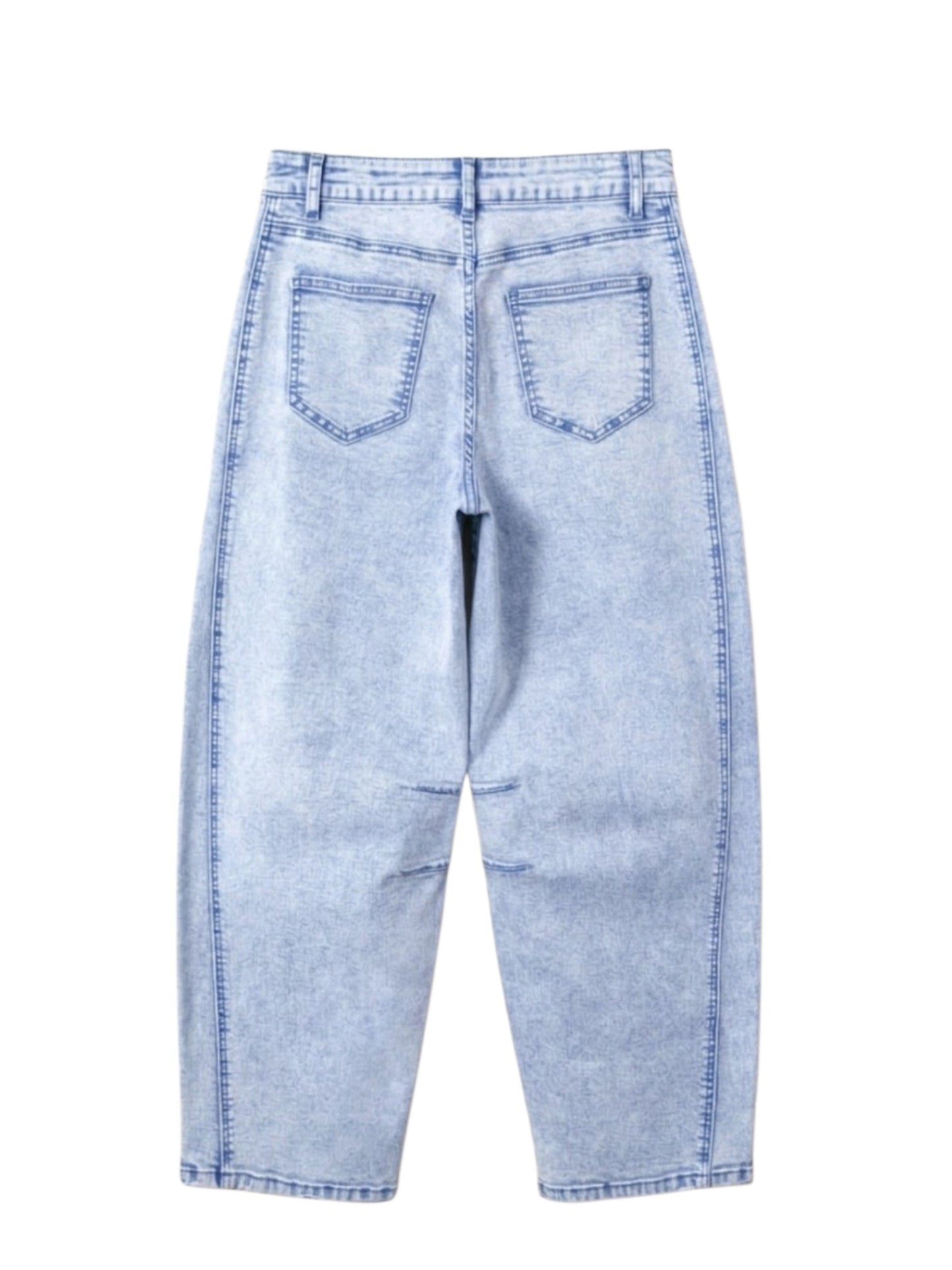 Light blue denim jeans shown from the back, featuring a high waist, straight legs, and classic pocket stitching on a plain white background.