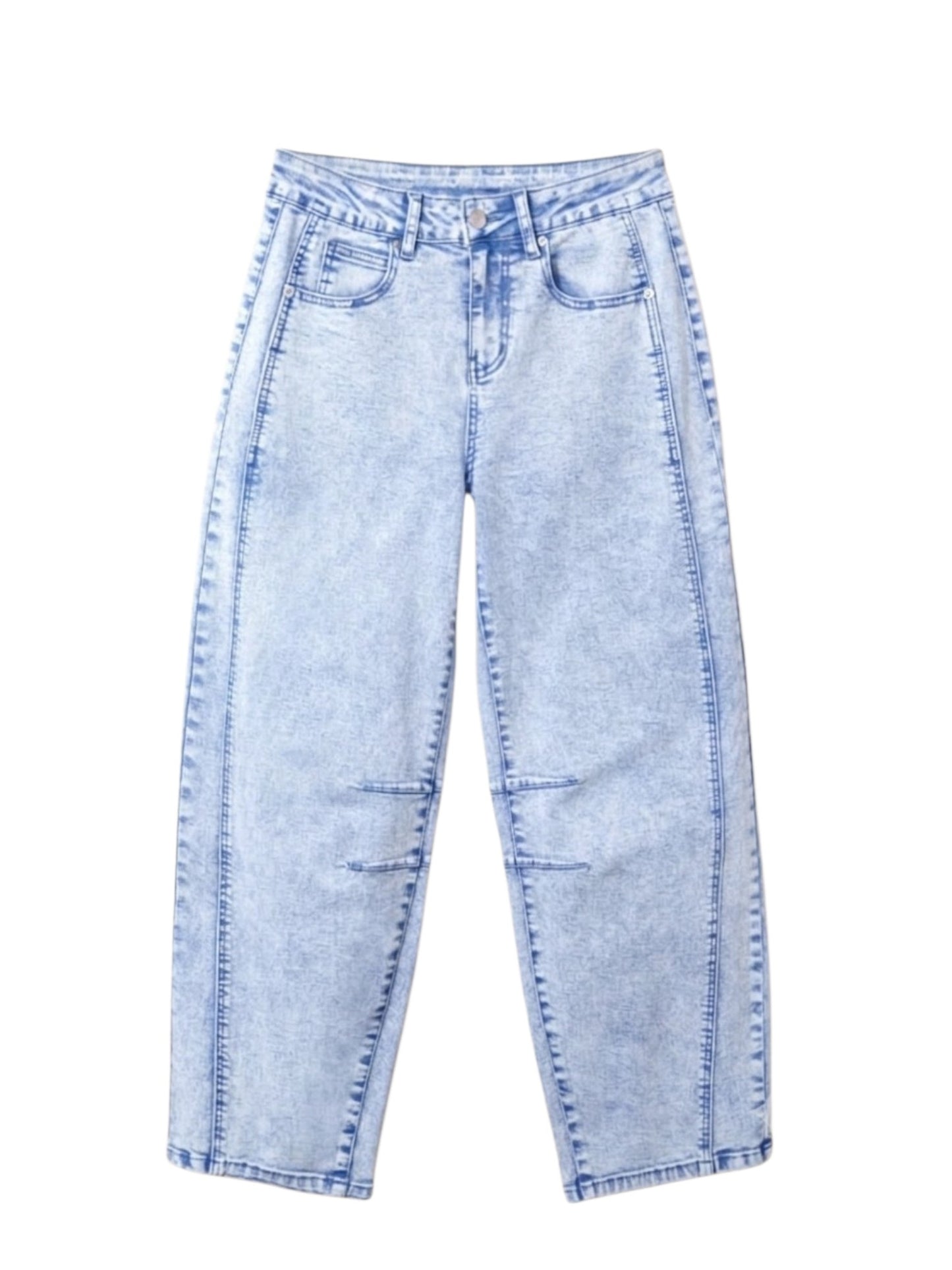 Light blue acid-wash denim jeans with a straight-leg fit, displayed flat against a plain white background.