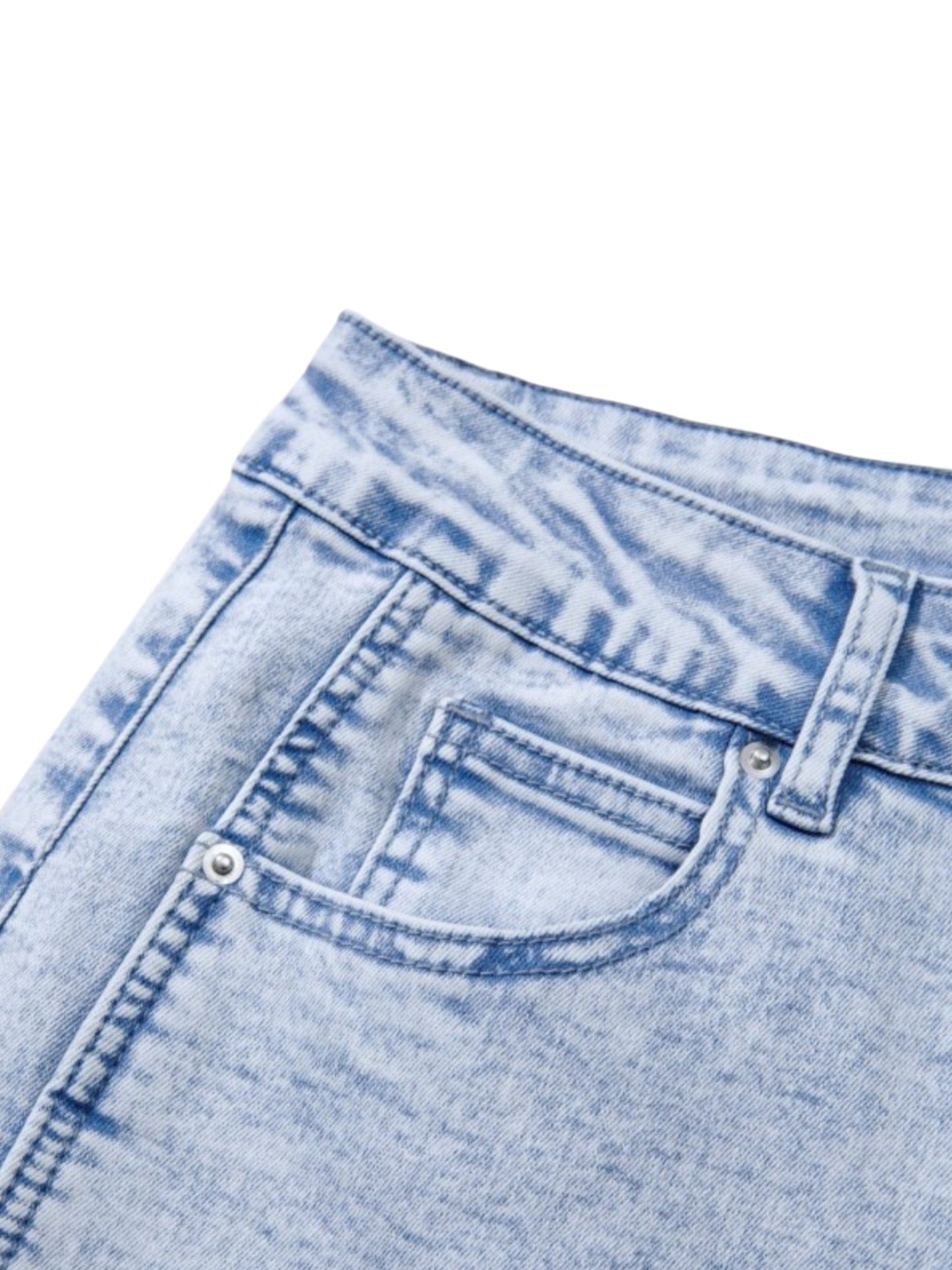 Close-up of a pair of light blue acid-wash denim jeans showing the back pocket, belt loop, and waistband details.