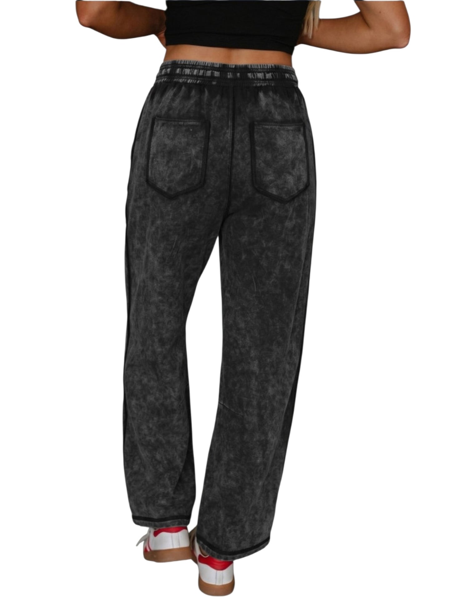 Acid washed drawstring wide-leg pants in black, back view