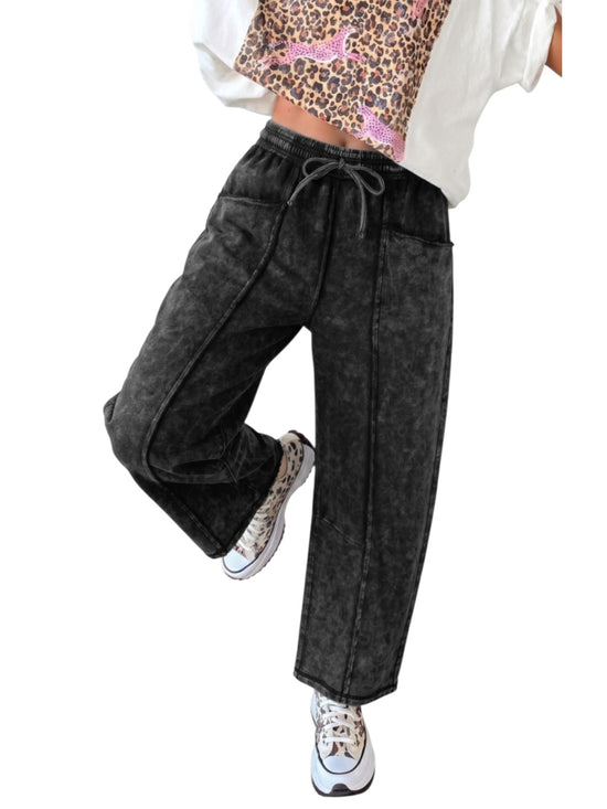 Acid washed drawstring wide-leg pants in black, front lifestyle view